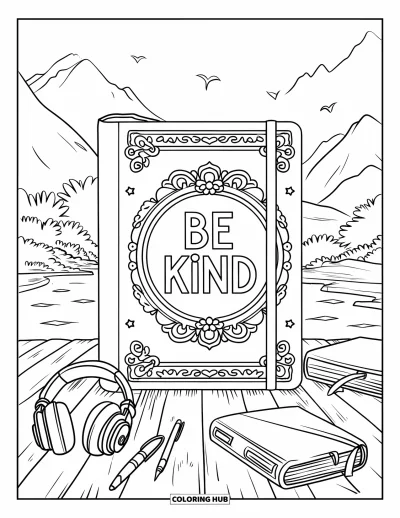 Coloriage sur la gentillesse pour enfants : Journal « Be Kind » sur une table avec des livres, des stylos et une vue sur la montagne