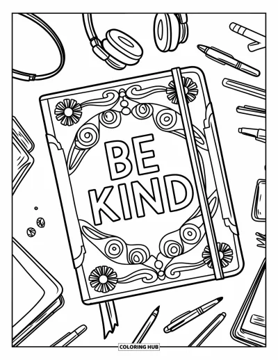 Coloriage sur la gentillesse pour enfants : Journal « Be Kind » avec des écouteurs et des livres à proximité