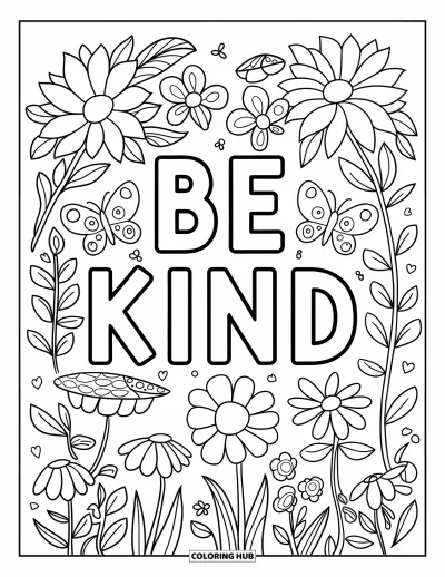 Coloriage sur la gentillesse pour enfants : « Be Kind » entouré de fleurs et de papillons dans un jardin
