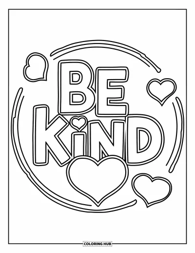 Coloriage sur la gentillesse pour enfants : « Be Kind » avec des symboles de cœur à l'intérieur d'un motif circulaire