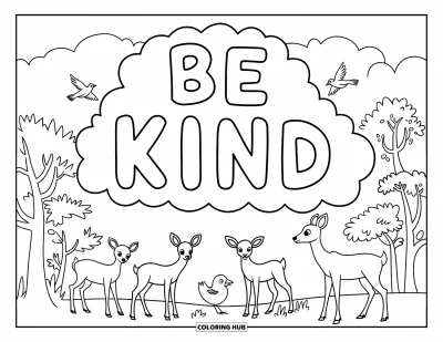 Coloriage sur la gentillesse pour enfants : « Be Kind » écrit dans les nuages au-dessus d'une forêt avec un cerf et des oiseaux