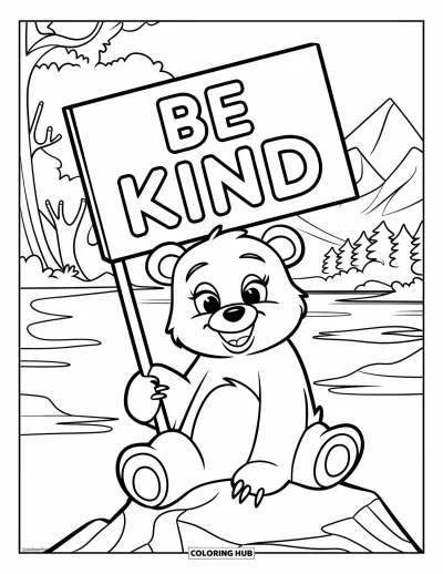 Coloriage sur la gentillesse pour enfants : Ours tenant un panneau « Be Kind » assis sur un rocher