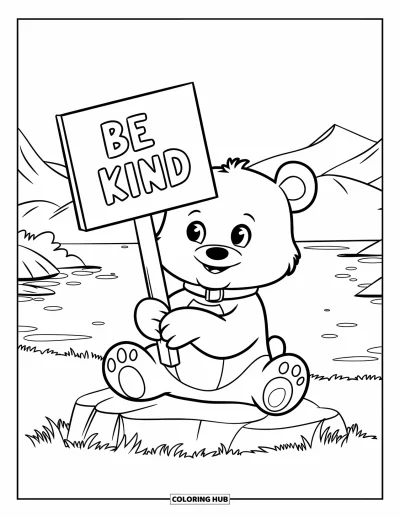 Coloriage sur la gentillesse pour enfants : Ours sur un rocher tenant un panneau « Be Kind » avec vue sur un lac