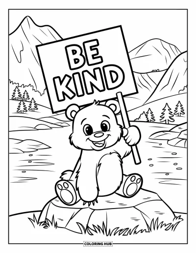 Coloriage sur la gentillesse pour enfants : Ours aux grands yeux tenant un panneau « Be Kind » dans la nature