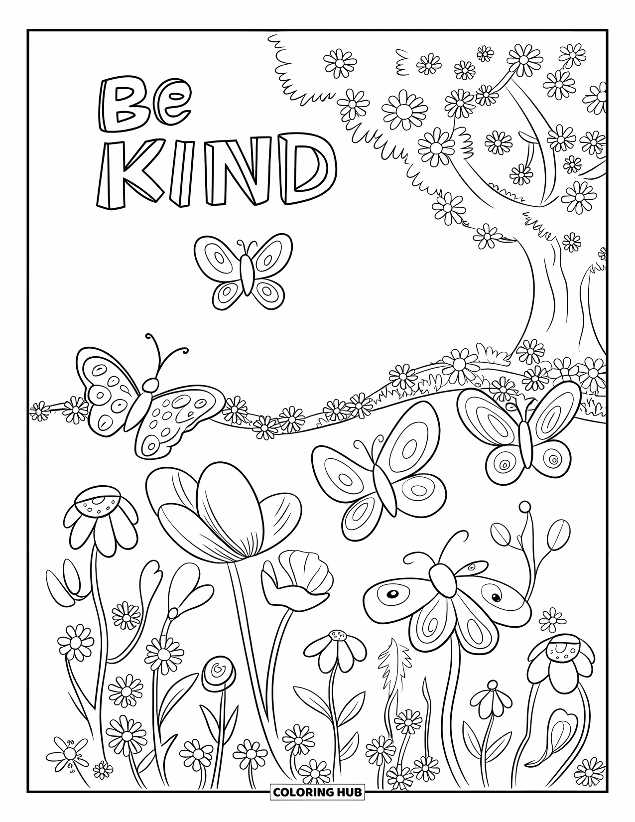 Be Kind Coloring Page for Kids: Blooming garden with "Be Kind" text among flowers