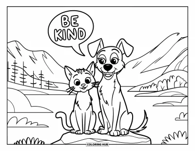 Coloriage sur la gentillesse pour enfants : Chat et chien se reposant ensemble avec une bulle « Be Kind »