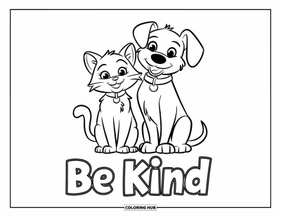 Coloriage sur la gentillesse pour enfants : Chat et chien assis tranquillement avec « Be Kind » en dessous