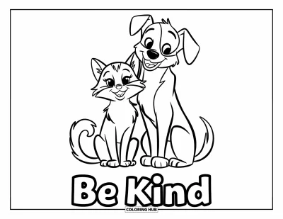Coloriage sur la gentillesse pour enfants : Chat et chien assis paisiblement avec « Be Kind » écrit en dessous
