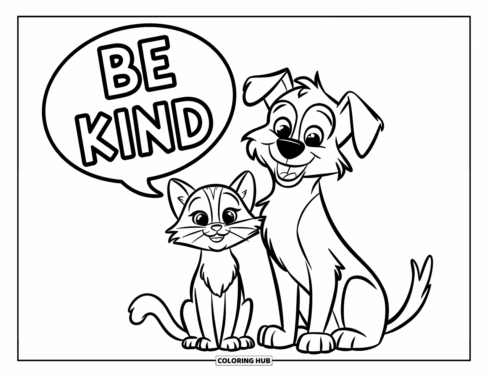 Be Kind Coloring Page for Kids: Cat and dog sitting together with "Be Kind" speech bubble