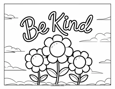 Coloriage sur la gentillesse pour enfants : Fleurs disposées avec le texte « Be Kind » au-dessus dans les nuages