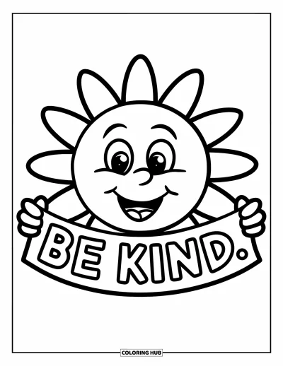 Coloriage sur la gentillesse pour enfants : Soleil souriant avec une banderole disant « Be Kind » dans un style simple