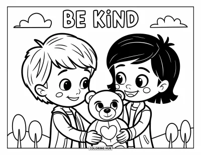 Coloriage sur la gentillesse pour enfants : Enfants partageant un nounours sous un ciel « Be Kind »
