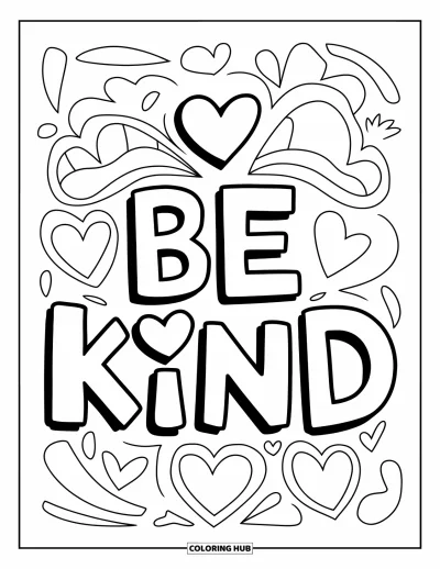 Coloriage sur la gentillesse pour enfants : Grand texte « Be Kind » avec un cœur au-dessus et en dessous