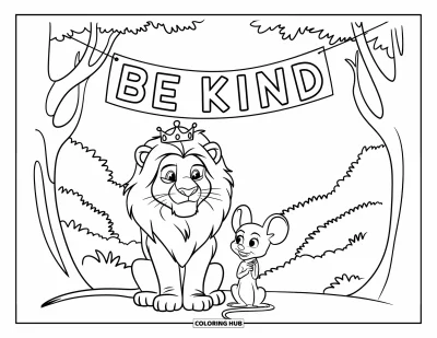 Coloriage sur la gentillesse pour enfants : Lion et souris assis sous une banderole « Be Kind »