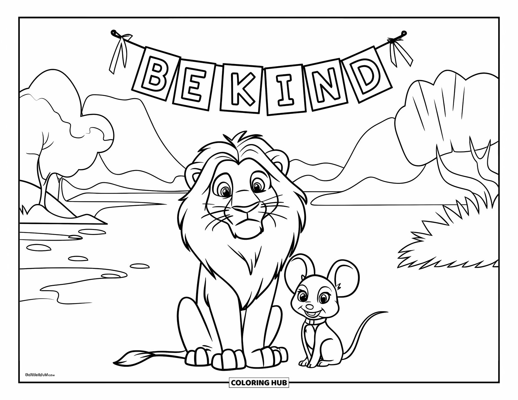 Be Kind Coloring Page for Kids: Lion and mouse together under "Be Kind" banner by water