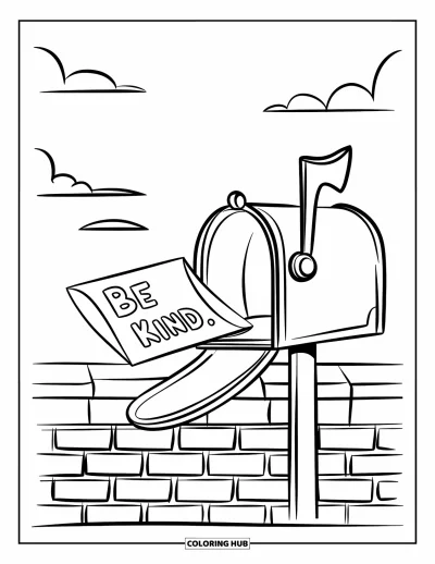 Coloriage sur la gentillesse pour enfants : Boîte aux lettres avec une lettre « Be Kind » devant un mur de briques