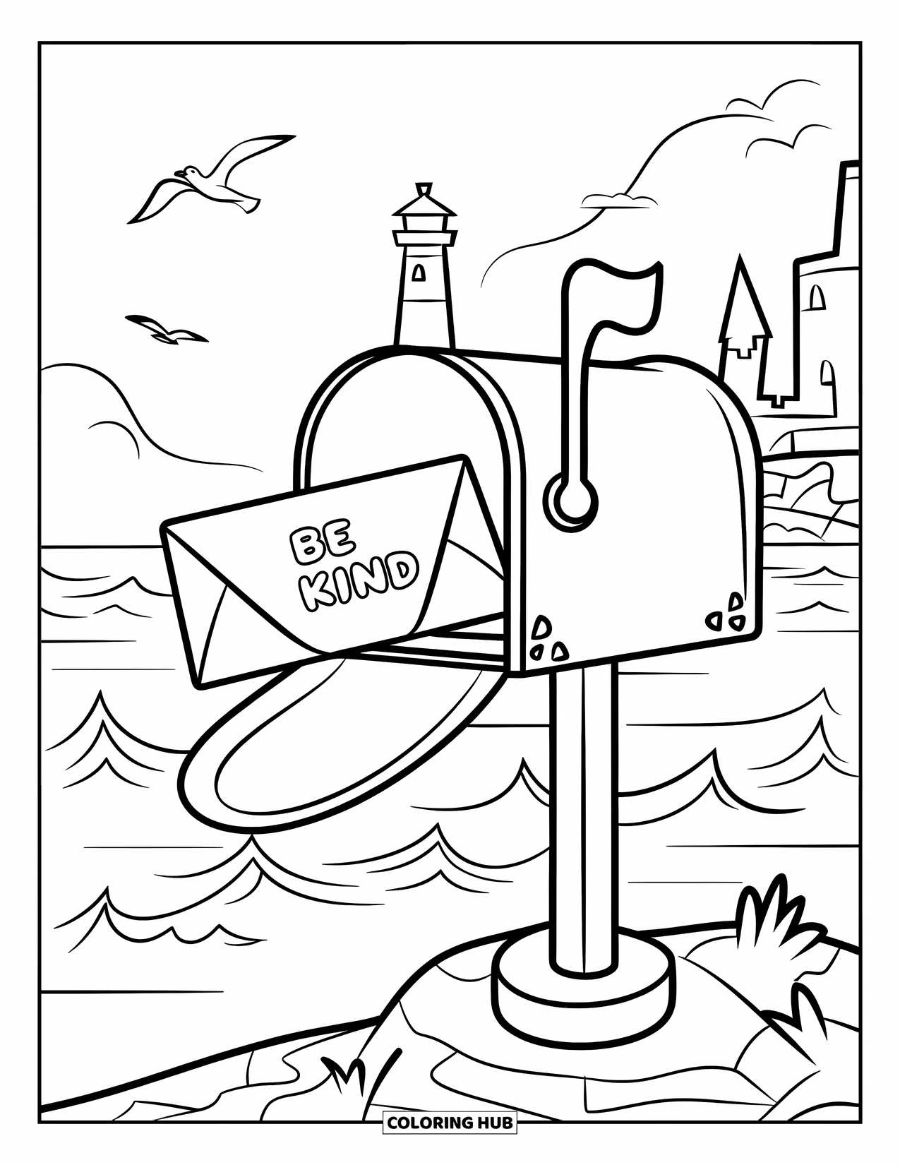 Be Kind Coloring Page for Kids: Mailbox with "Be Kind" letter near water, lighthouse, and castle