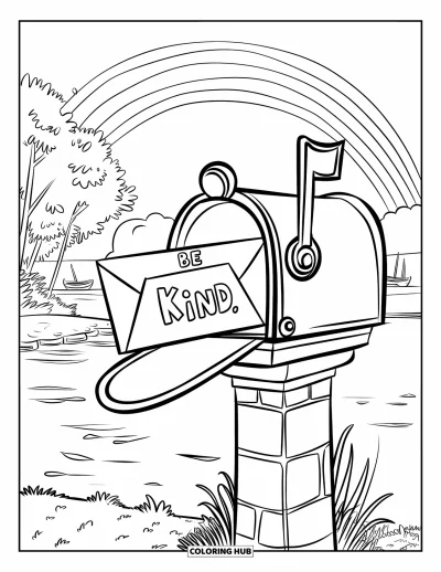 Coloriage sur la gentillesse pour enfants : Boîte aux lettres avec une lettre « Be Kind » sur un pilier de pierre sous un arc-en-ciel