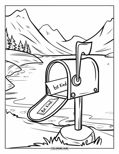 Coloriage sur la gentillesse pour enfants : Boîte aux lettres avec une lettre « Be Kind » au bord d'un lac et de montagnes