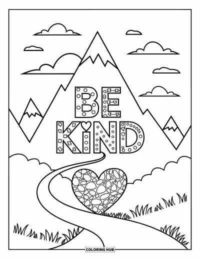Coloriage sur la gentillesse pour enfants : Sentier de montagne avec « Be Kind » et un cœur formé de pierres en contrebas