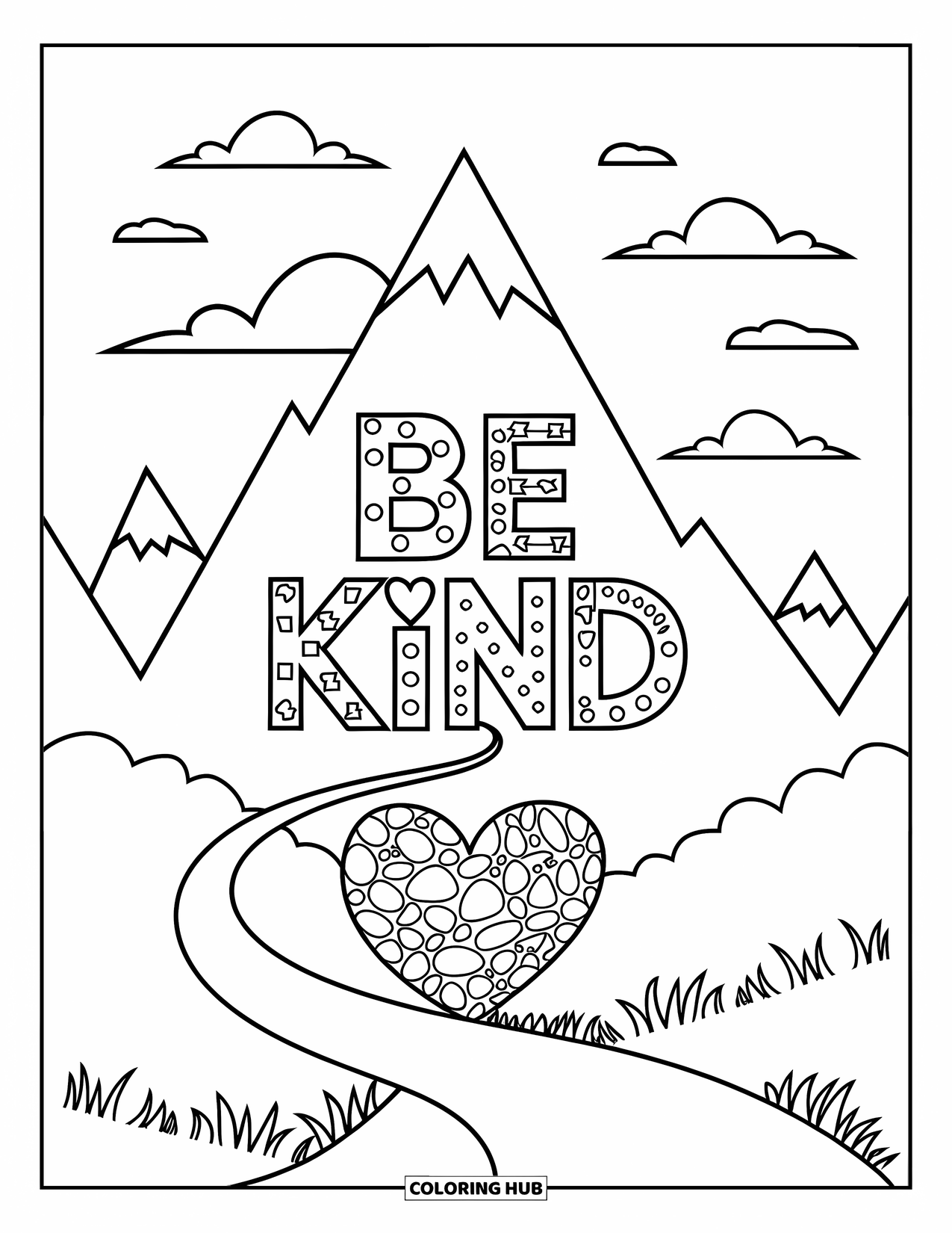 Be Kind Coloring Page for Kids: Mountain path with "Be Kind" and heart made of stones below