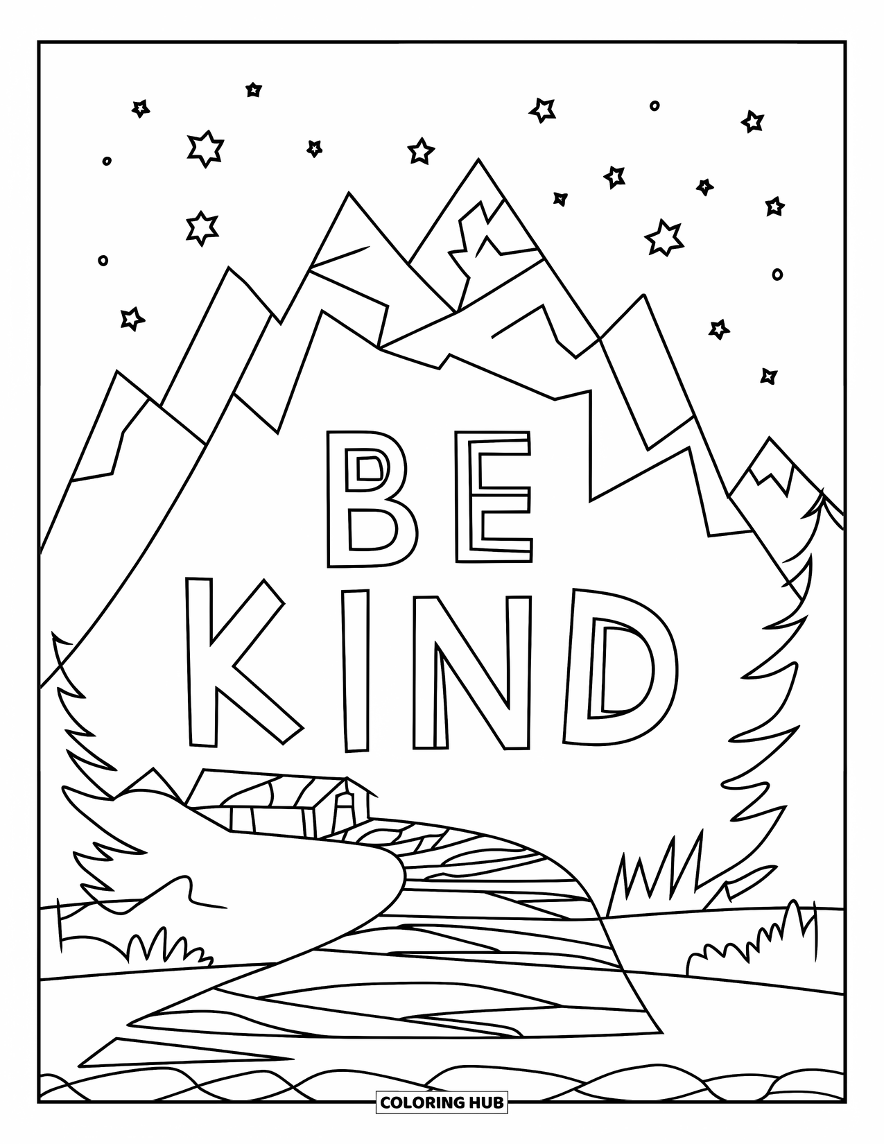 Be Kind Coloring Page for Kids: Mountain with "Be Kind" carved into its path under clear sky