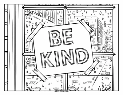 Coloriage sur la gentillesse pour enfants : Gouttes de pluie sur une fenêtre avec un panneau « Be Kind » donnant sur des rues pluvieuses