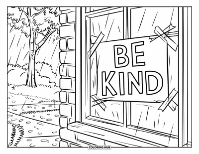 Coloriage sur la gentillesse pour enfants : Scène de fenêtre sous la pluie avec un panneau « Be Kind » et un sol mouillé