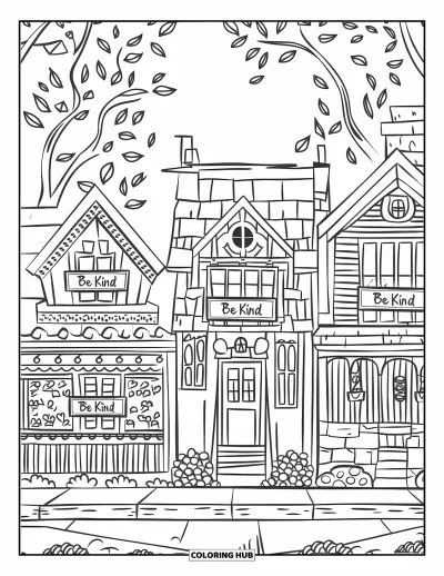 Coloriage sur la gentillesse pour enfants : Rangée de maisons avec des panneaux « Be Kind » dans les fenêtres