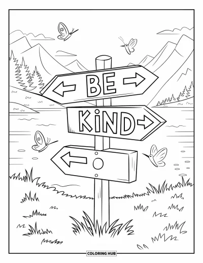 Coloriage sur la gentillesse pour enfants : Panneau indicateur au bord d'un lac avec des flèches pointant vers « Be Kind »