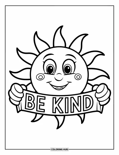 Coloriage sur la gentillesse pour enfants : Soleil souriant tenant une banderole « Be Kind »