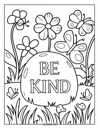 Coloriage sur la gentillesse pour enfants : Pierre gravée avec « Be Kind » dans un jardin fleuri avec des papillons