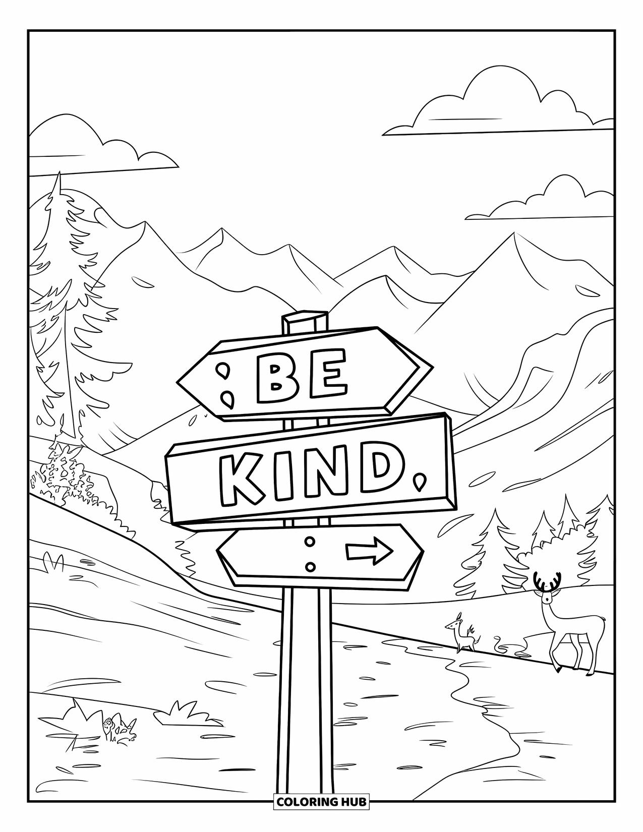 Be Kind Coloring Page for Kids: Trail signpost leading to "Be Kind" with deer and birds nearby