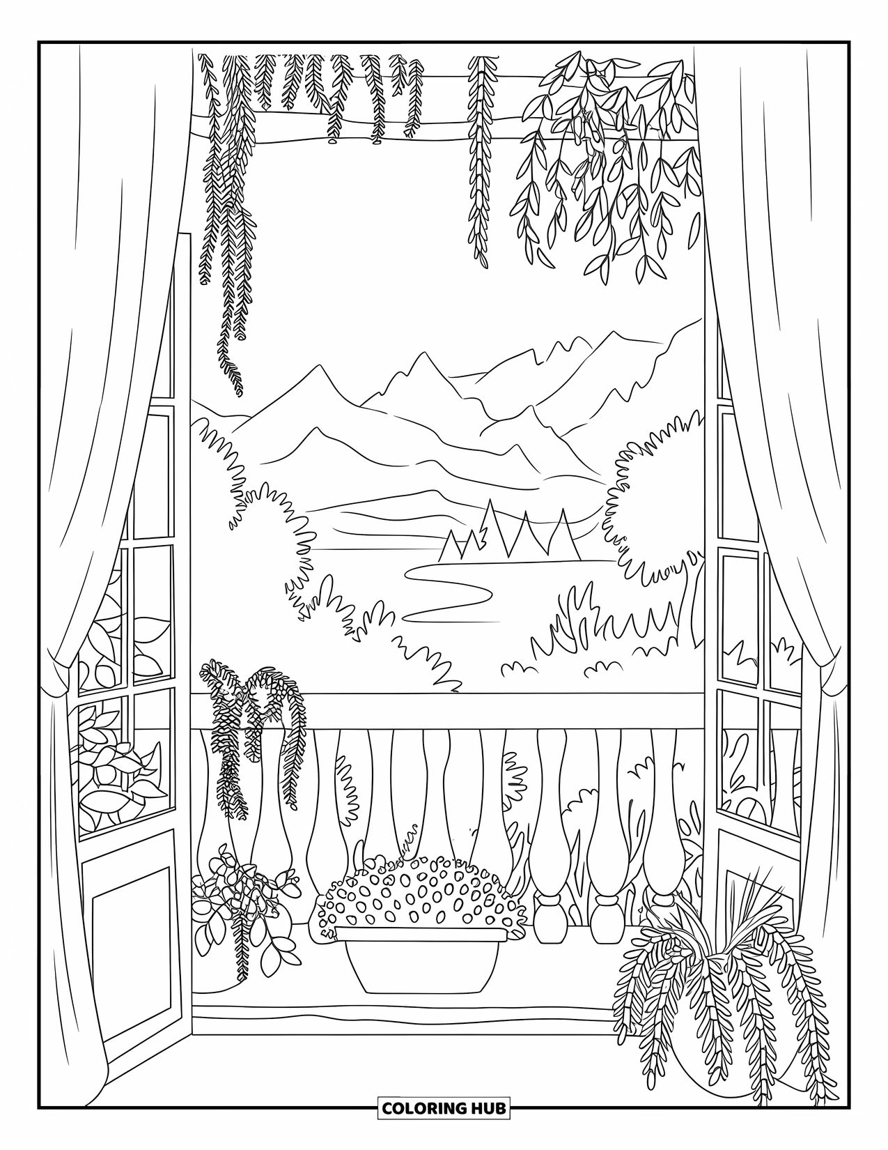 Bedroom Coloring Page for Adults: A balcony full of greenery with a peaceful mountain and lake view in the background