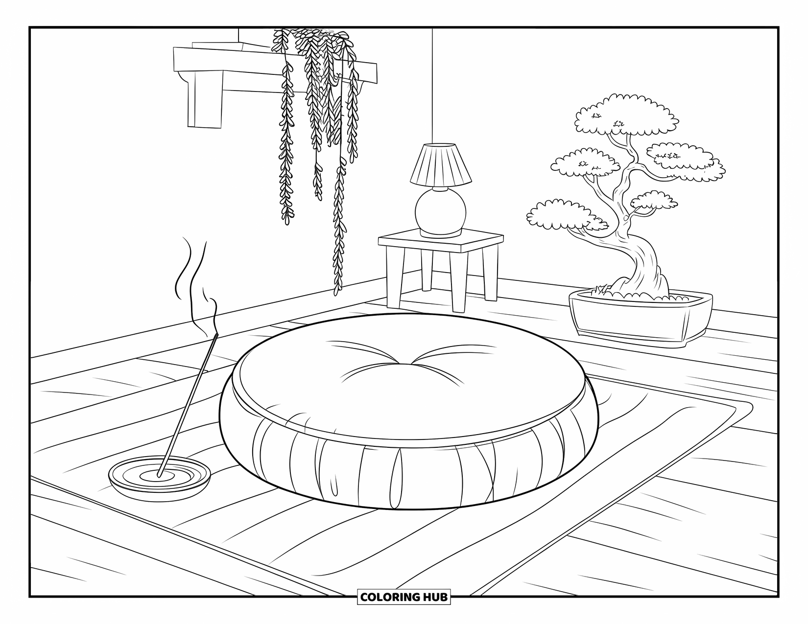 Bedroom Coloring Page for Adults: A calming room with a cushion, incense, hanging plant, and a small bonsai in the corner