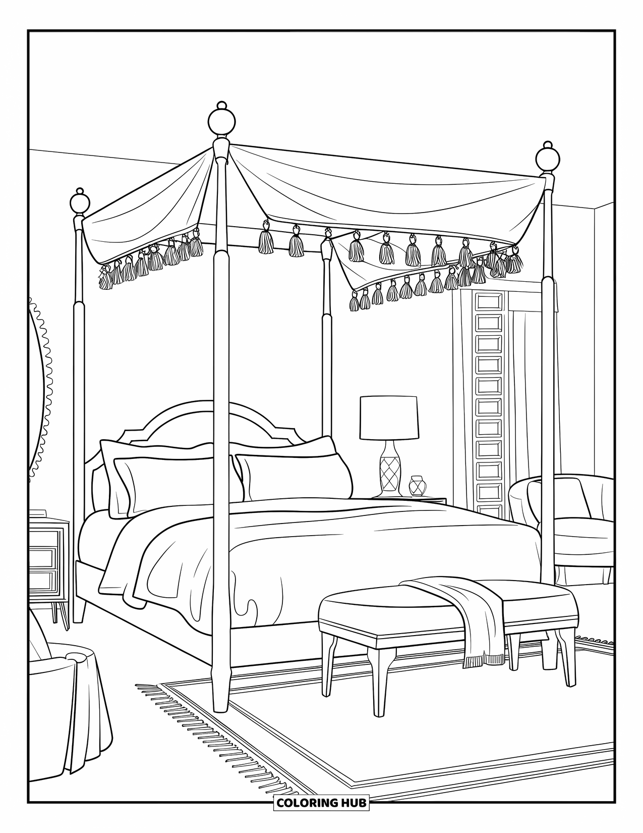 Bedroom Coloring Page for Adults: A canopy bed with tassels and soft linens beside a nightstand, chair, and patterned wall