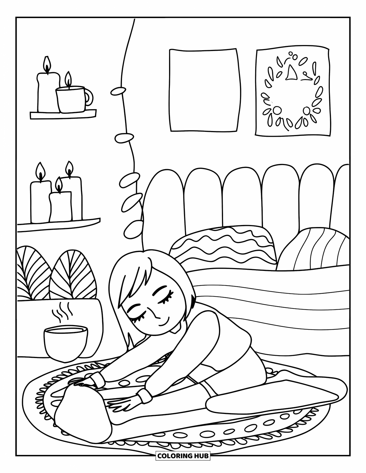 Bedroom Coloring Page for Adults: A chibi adult stretches near a yoga mat with candles, a hot drink, and cozy decor