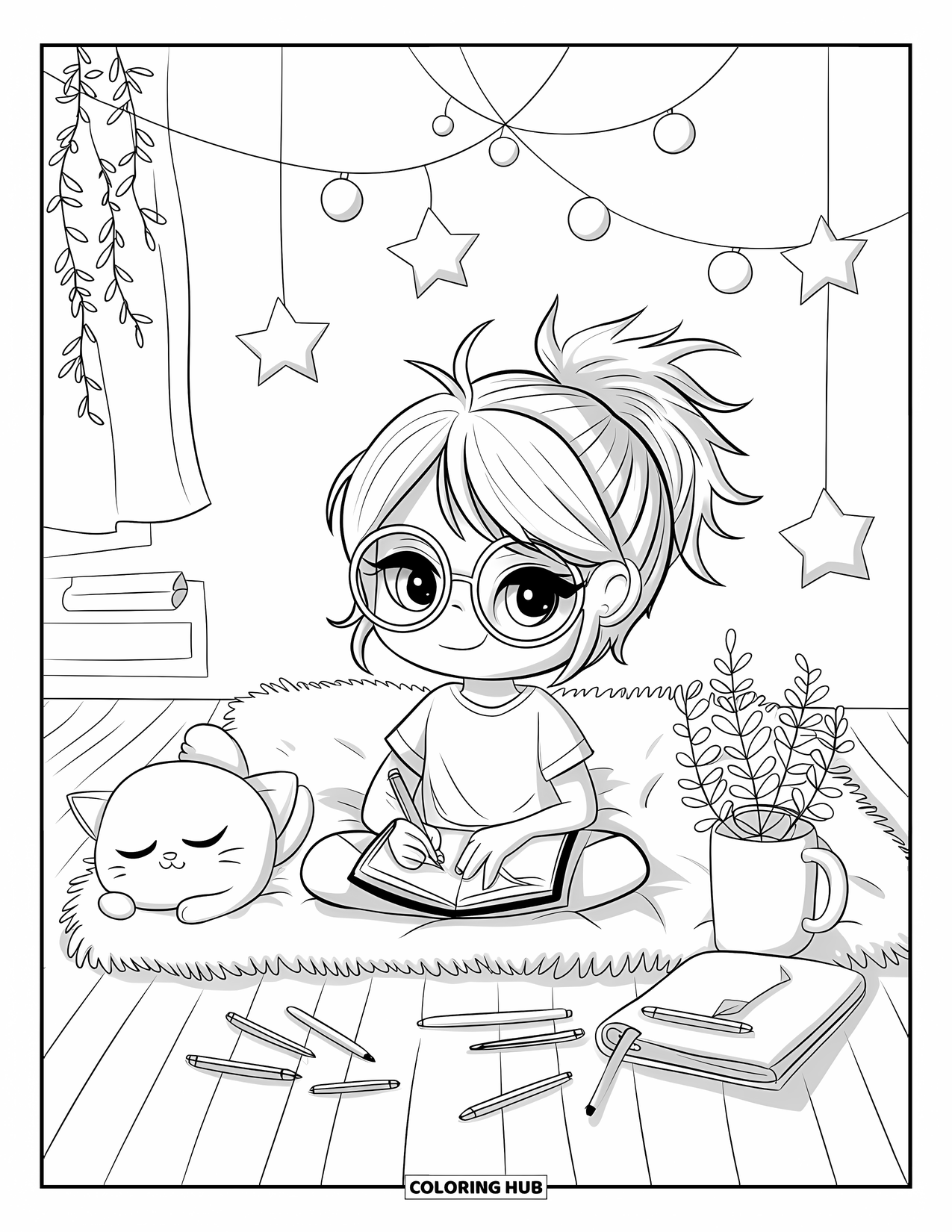 Bedroom Coloring Page for Adults: A chibi girl sketches in her journal on a floor mattress, surrounded by cozy items
