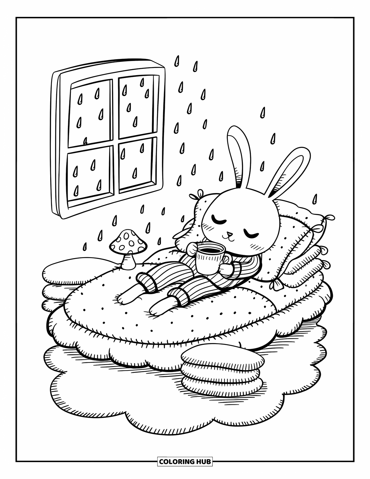 Bedroom Coloring Page for Adults: A cozy bunny in striped pajamas lounges with tea, pillows, and a peaceful rainy view