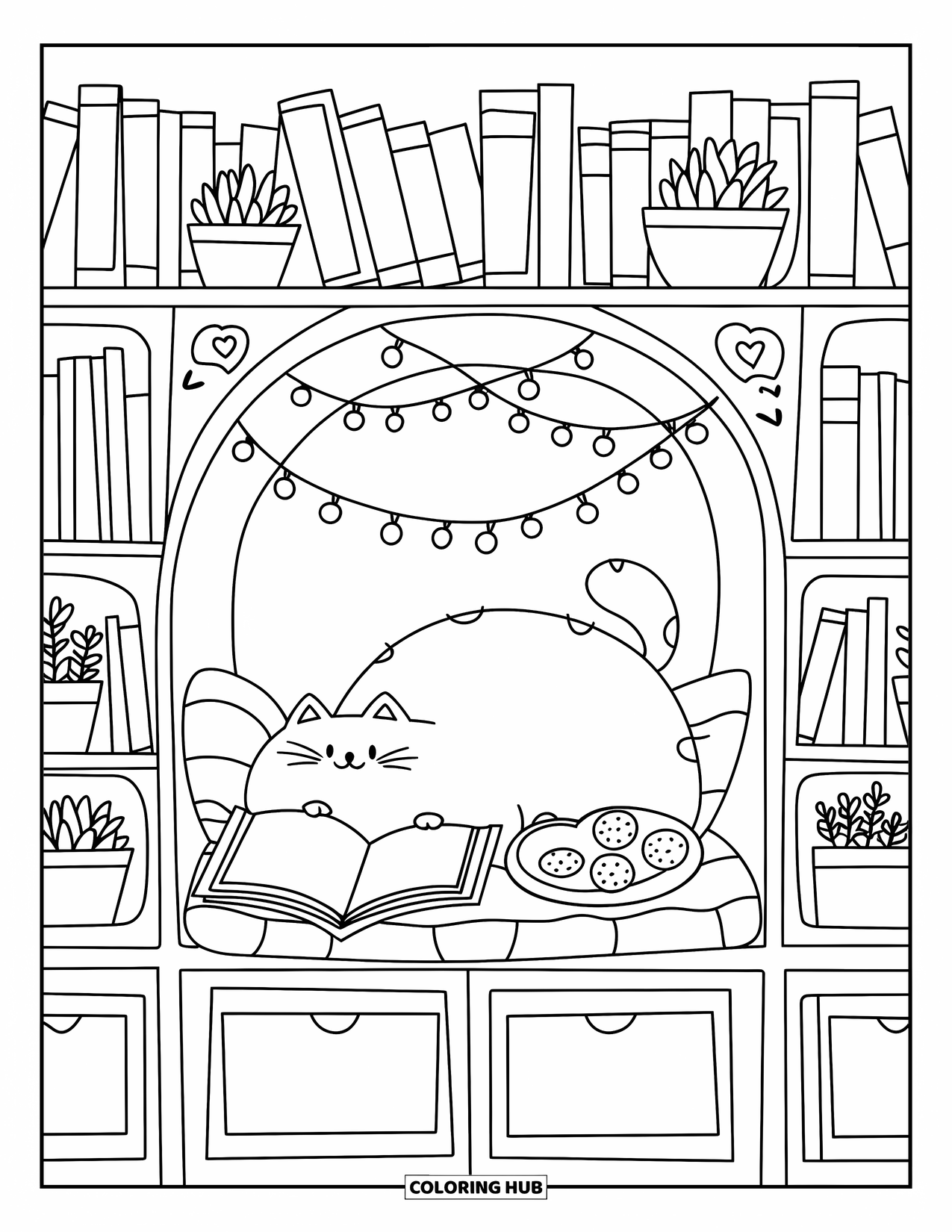 Bedroom Coloring Page for Adults: A cozy nook cat relaxes with succulents, fairy lights, cookies, and a favorite book
