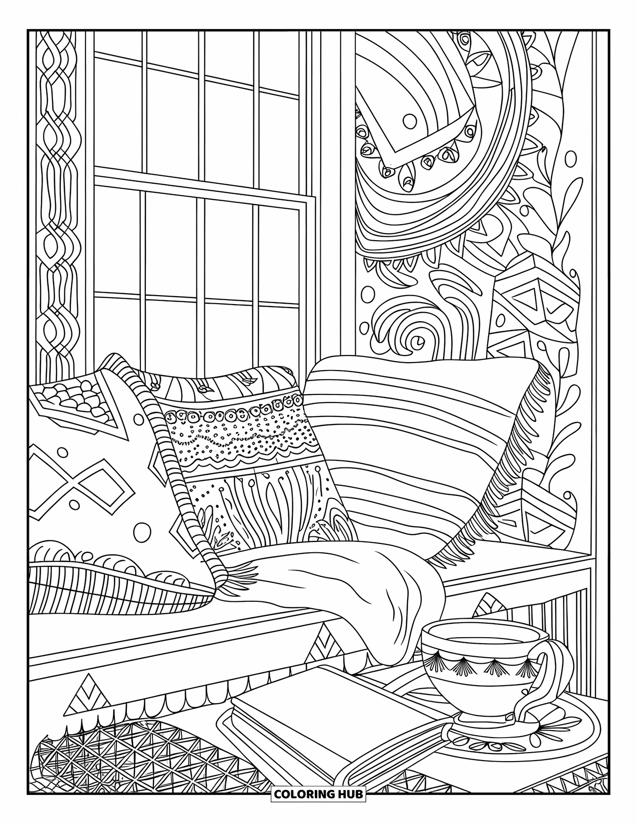 Bedroom Coloring Page for Adults: A cozy window seat with cushions, a teacup, and a closed book beside a patterned window