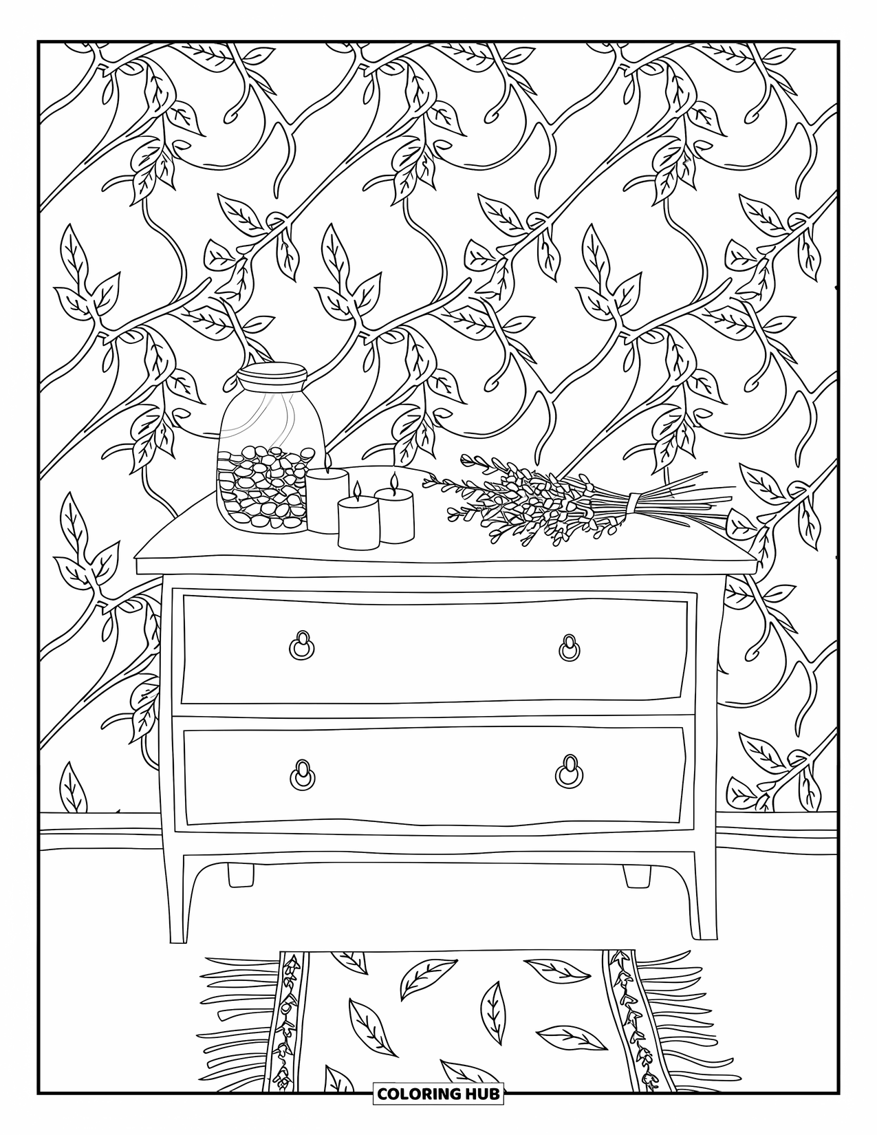 Bedroom Coloring Page for Adults: A dresser holds candles and flowers against vine-patterned walls and a matching rug