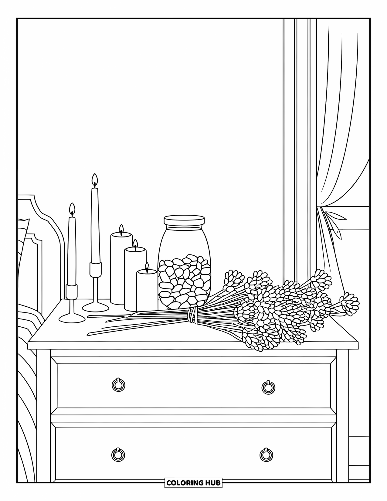 Bedroom Coloring Page for Adults: A dresser top with candles, pebbles, and dried flowers against a clean background