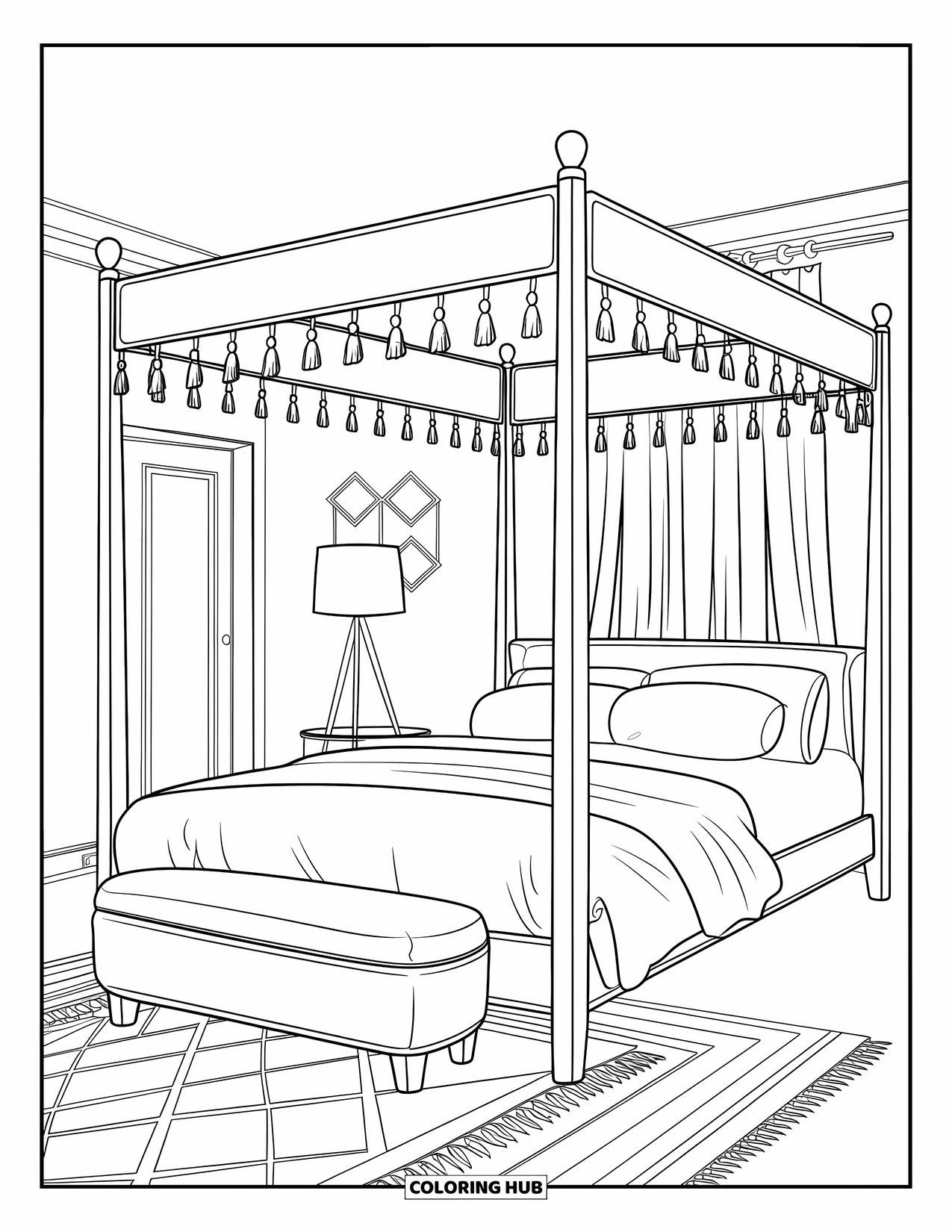 Bedroom Coloring Page for Adults: A modern bedroom with canopy bed, footstool, patterned rug, and soft curtains