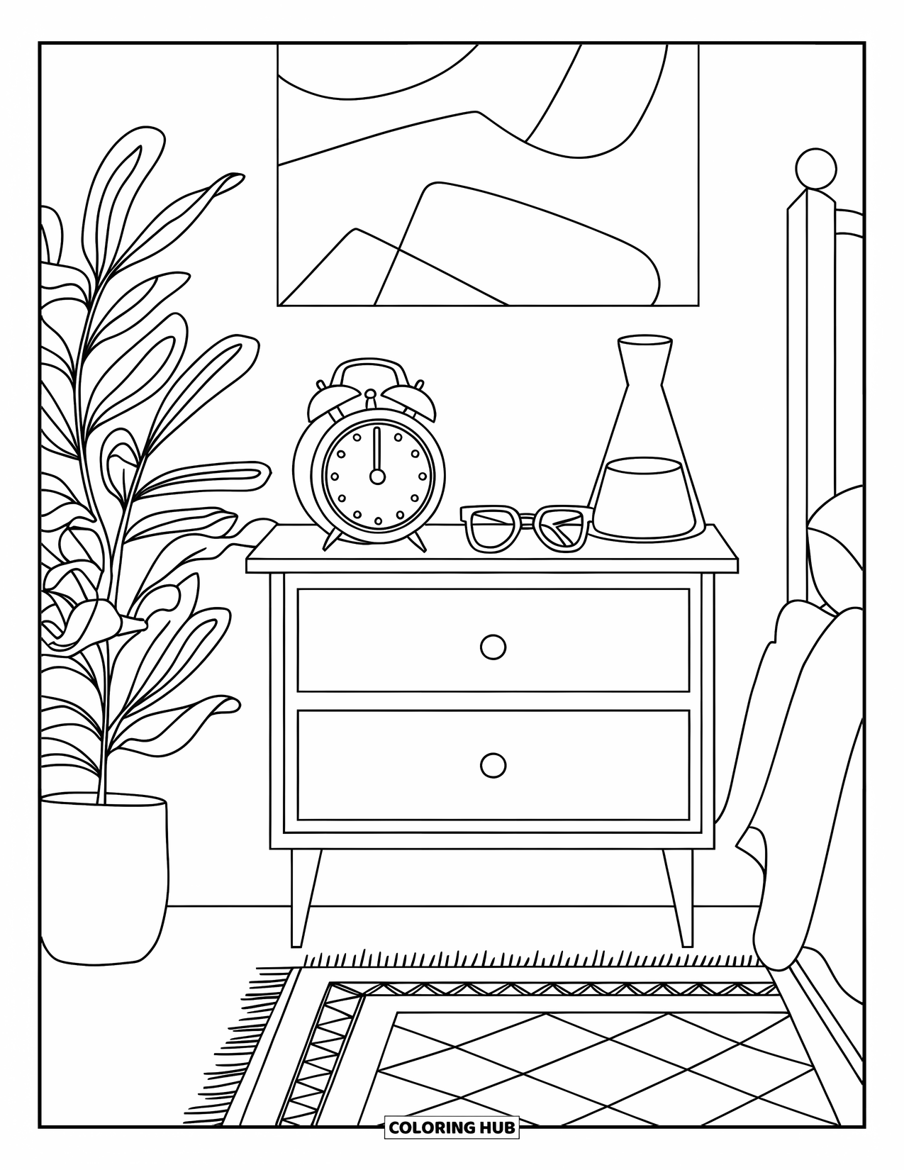 Bedroom Coloring Page for Adults: A neat nightstand with clock, glasses, carafe, and a plant by a patterned rug