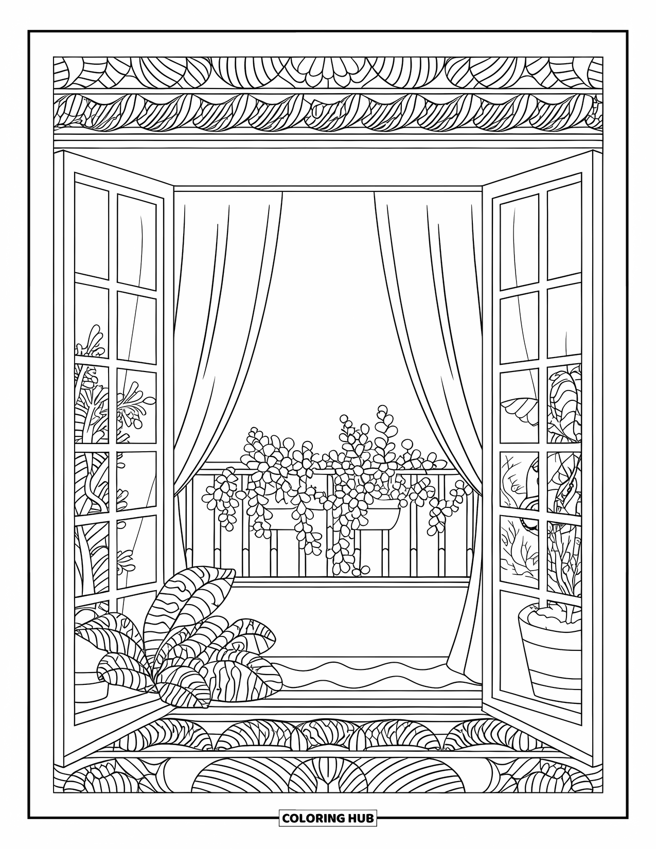 Bedroom Coloring Page for Adults: A peaceful balcony view with open curtains and potted plants in a cozy bedroom