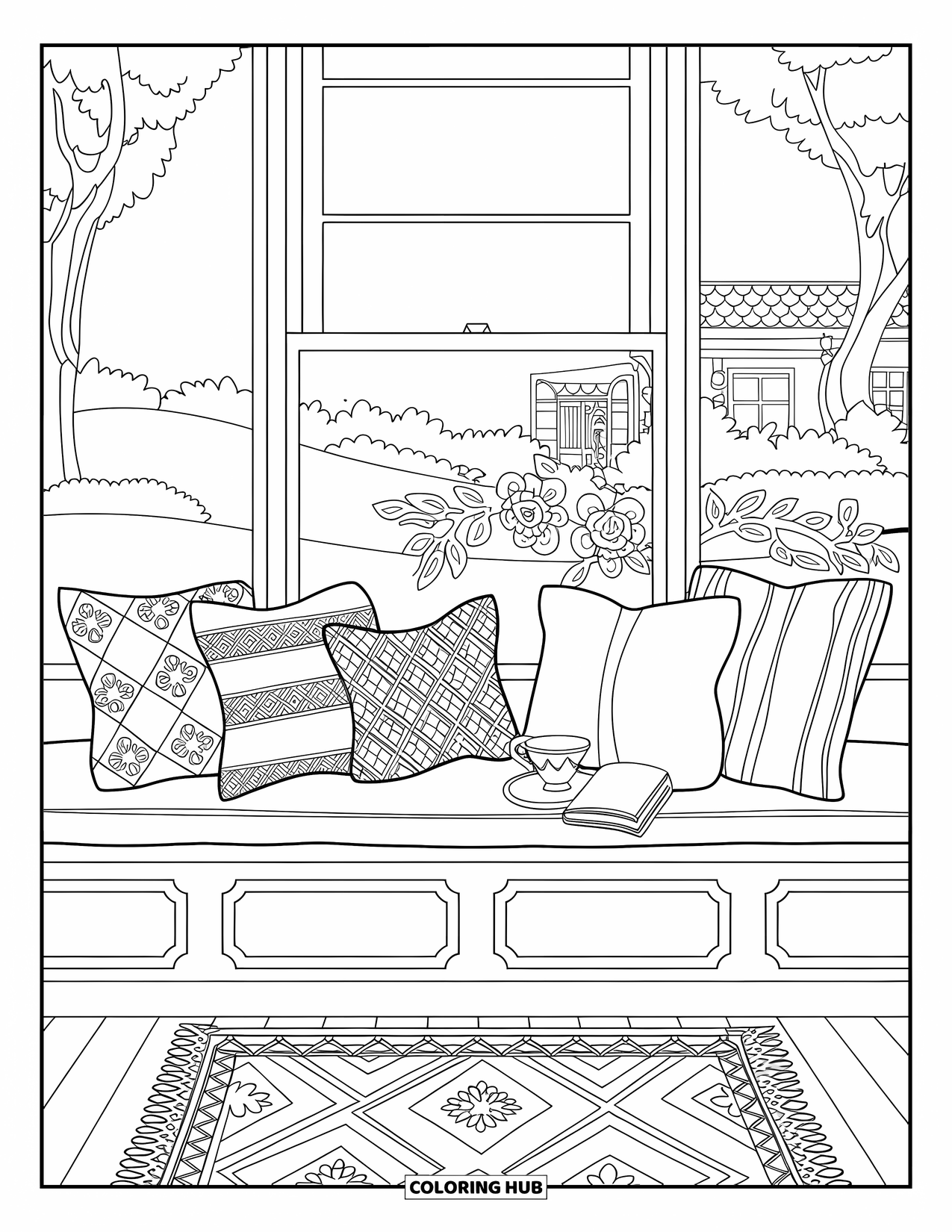 Bedroom Coloring Page for Adults: A peaceful room with a window seat, cushions, a teacup, and a scenic outdoor view