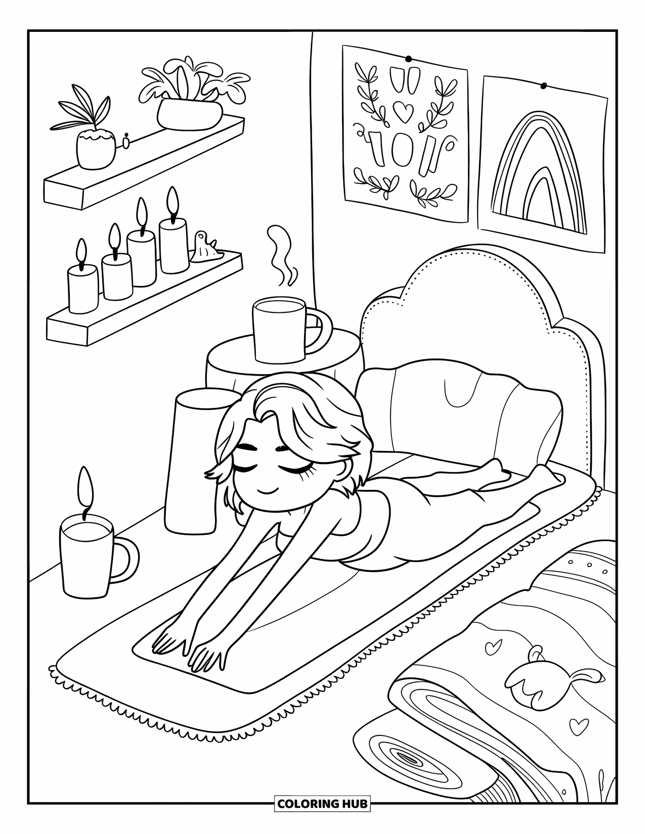 Bedroom Coloring Page for Adults: A peaceful stretch scene with candles, hot drink, and soft decor around a cozy bed