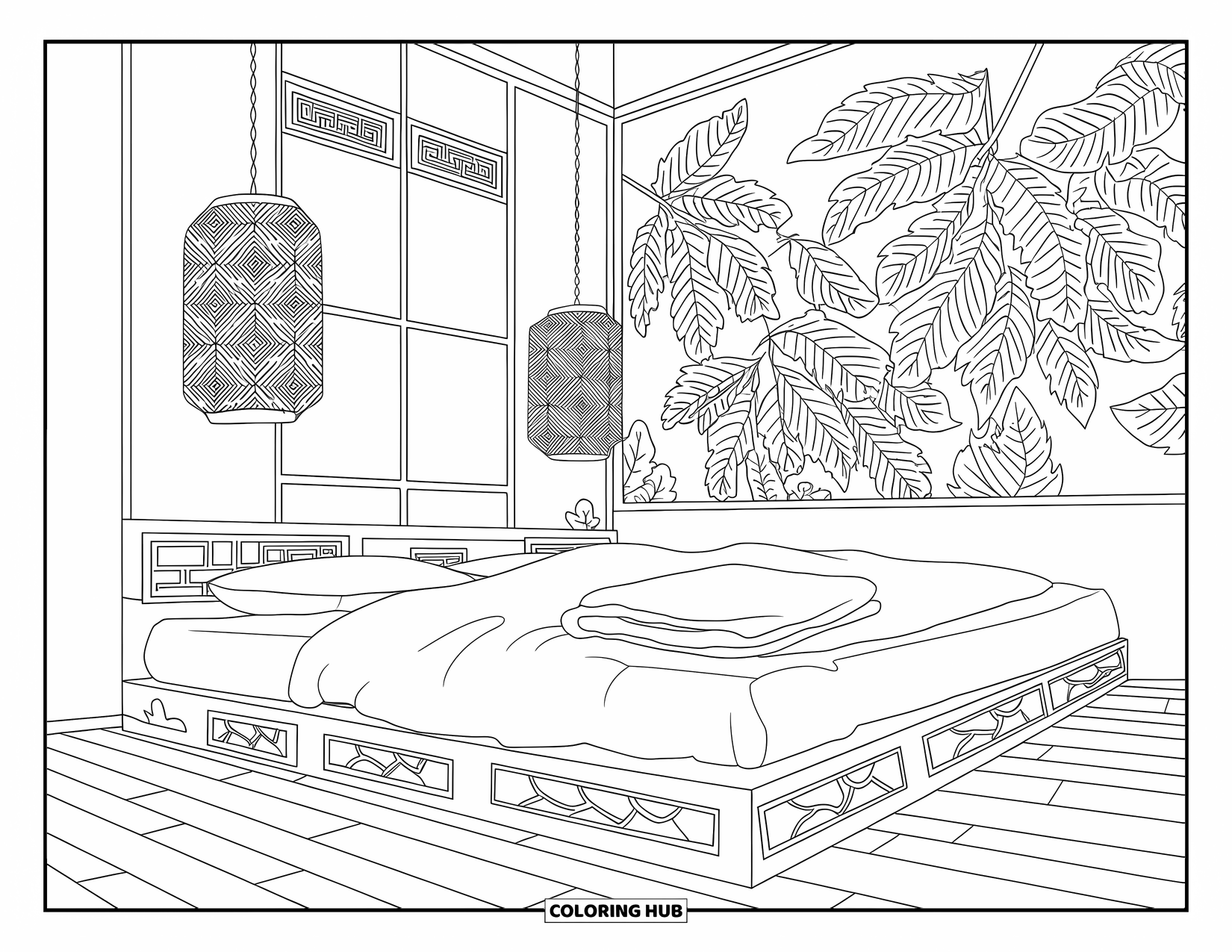 Bedroom Coloring Page for Adults: A quiet bedroom with a low bed, lanterns, leaf patterns, and wooden floors