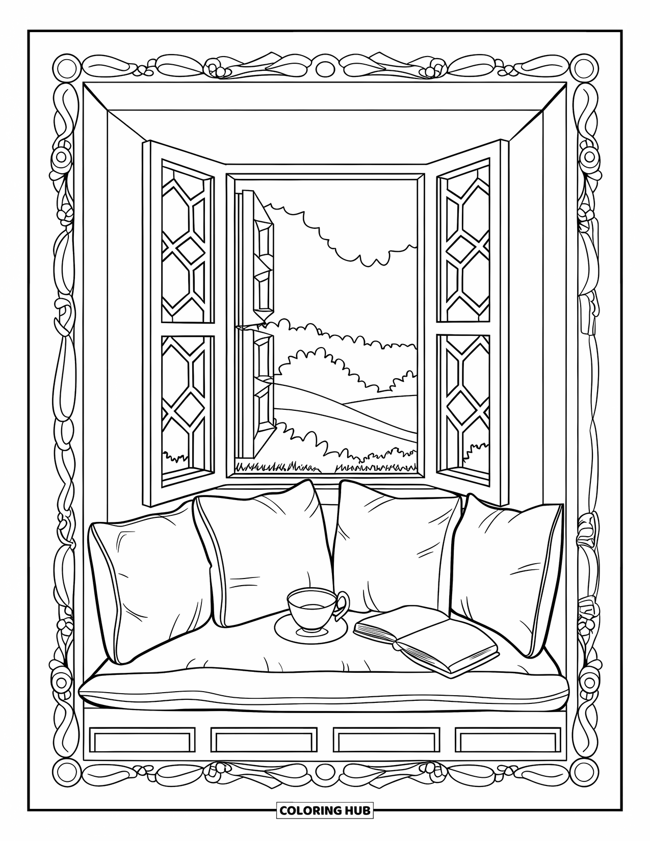 Bedroom Coloring Page for Adults: A quiet window seat with cushions, tea, book, and an open view of nature